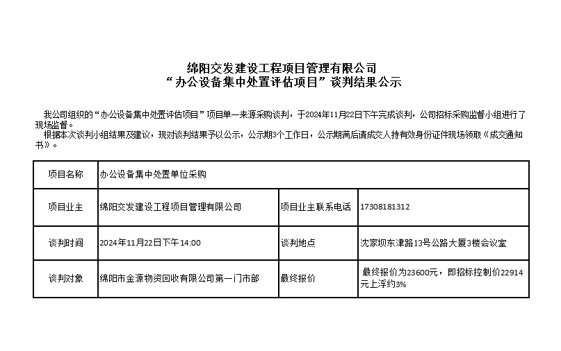 綿陽交發(fā)建設工程項目管理有限公司“辦公設備集中處置評估項目”談判結果公示.png